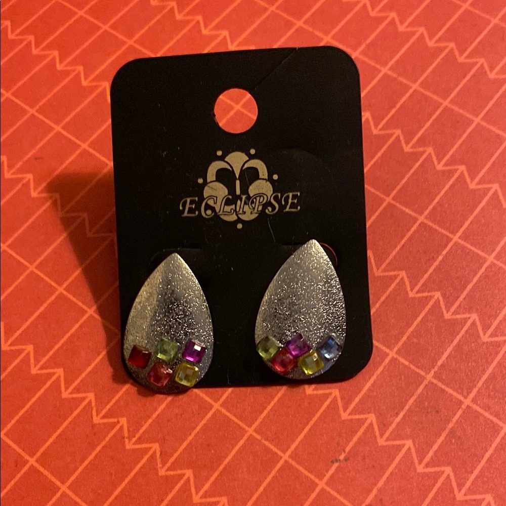 Eclipse Silver Teardrop Earrings with Multicolor Gems
